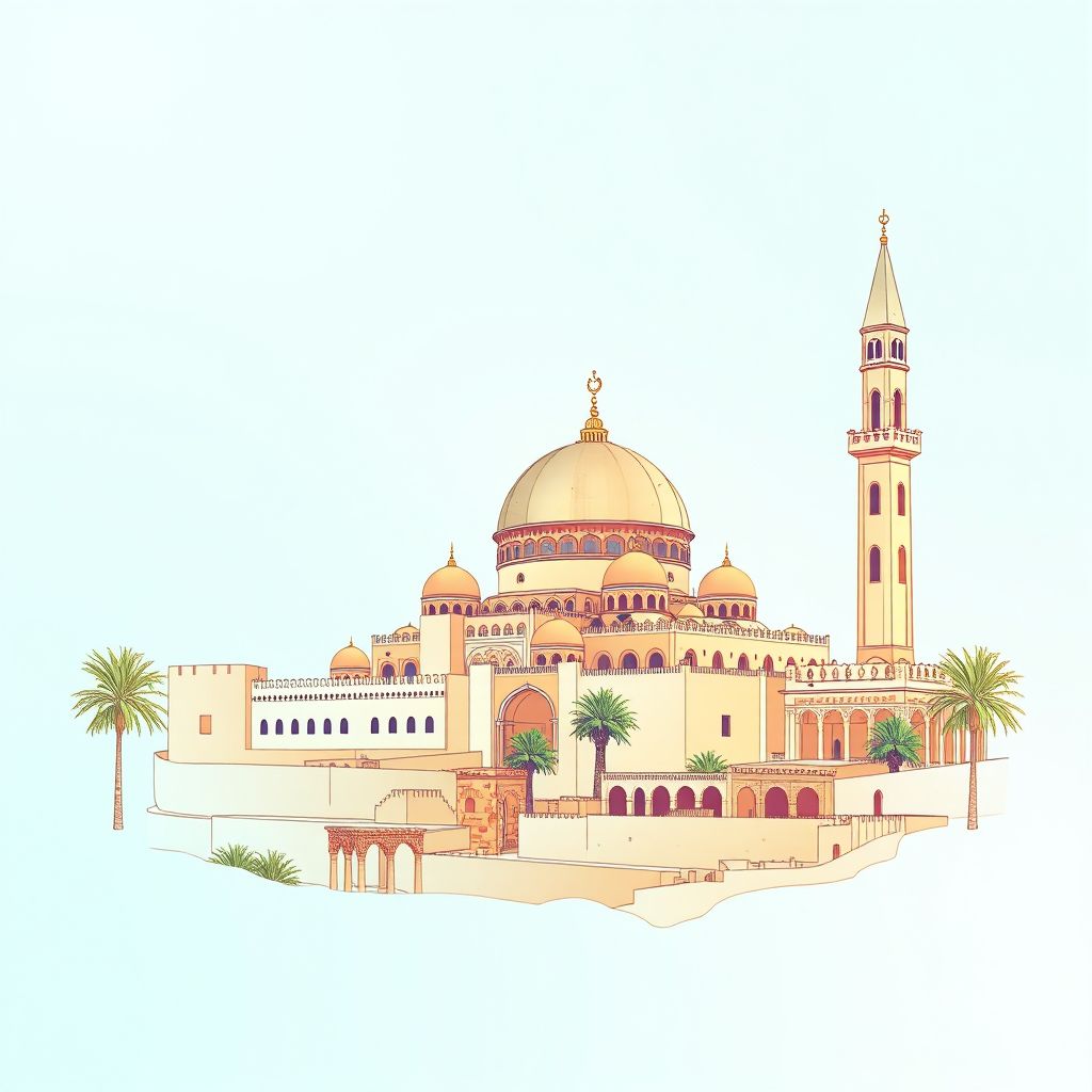 Ultra-high-definition gradient illustration style Sidi Djillali illustration, showing the unique charm of the Great Mosque of Tlemcen and the ruins of Mansourah.