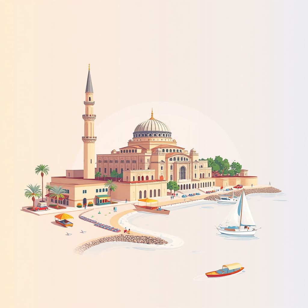 Ultra-high-definition gradient illustration style Mesra illustration, showing the unique charm of the Sidi Lakhdar Mosque and the beautiful beaches.
