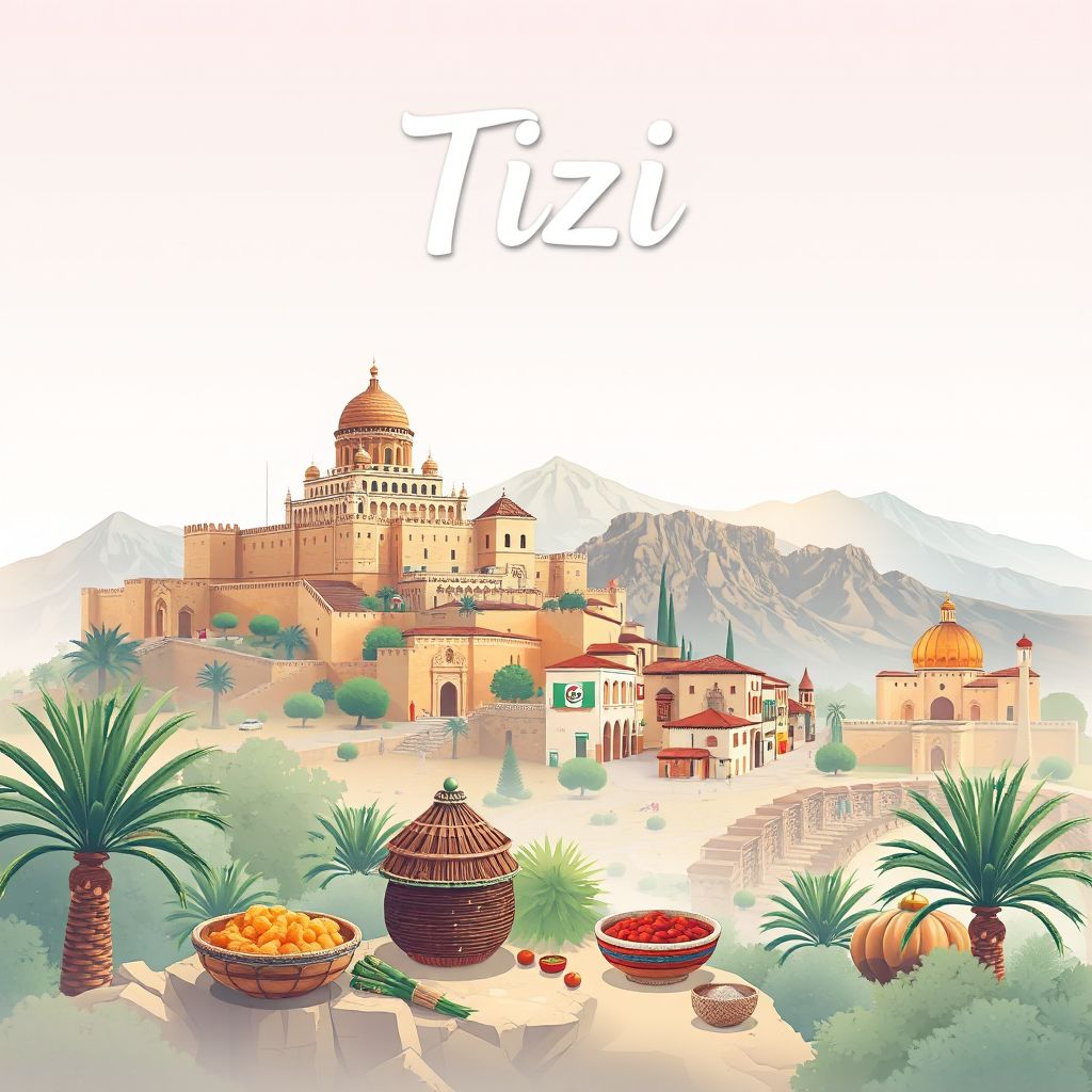 Ultra-high-definition gradient illustration style Tizi illustration, showing the unique charm of the Mascara Citadel, the Tizi Ouzou Mountains.