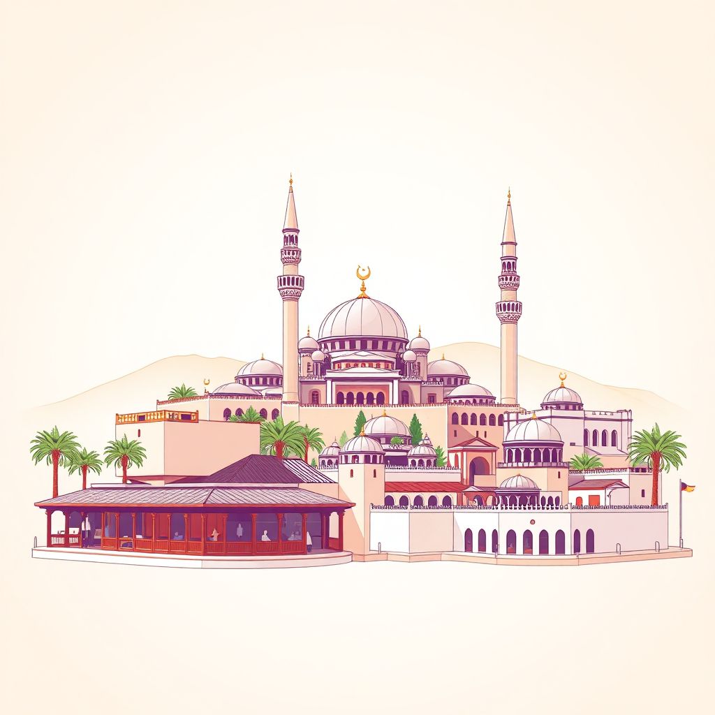 Ultra-high-definition gradient illustration style Bouhatem illustration, showing the unique charm of the Bouhatem Mosque, the Bouhatem Market, and the Bouhatem Fort.