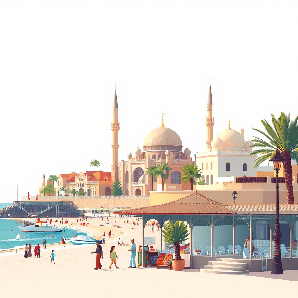 Ultra-high-definition gradient illustration style Ain Nouicy illustration, showing the unique charm of the Ain Nouicy Mosque, the Ain Nouicy Beach, and the Ain Nouicy Market.