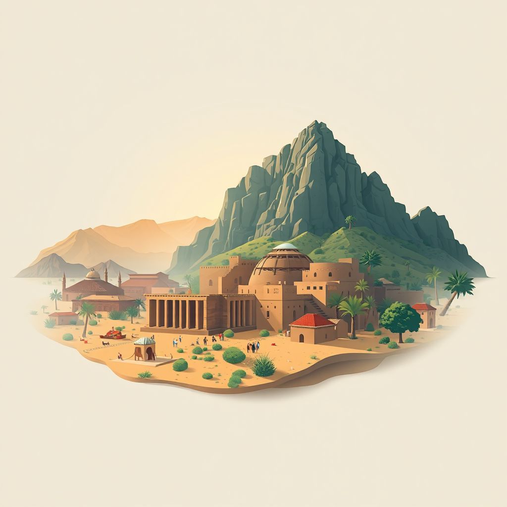 Ultra-high-definition gradient illustration style Medjedel illustration, showing the unique charm of the ancient ruins of Djebel Aouane, the Saharan Atlas, and traditional Algerian couscous.