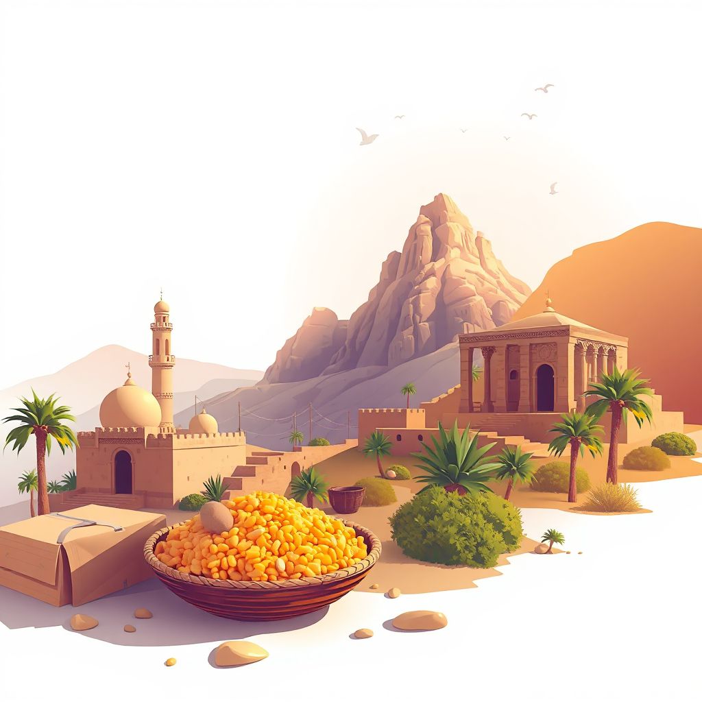 Ultra-high-definition gradient illustration style Sidi Ameur illustration, showing the unique charm of the ancient ruins of Djebel Aissa, and traditional Algerian cuisine, couscous.