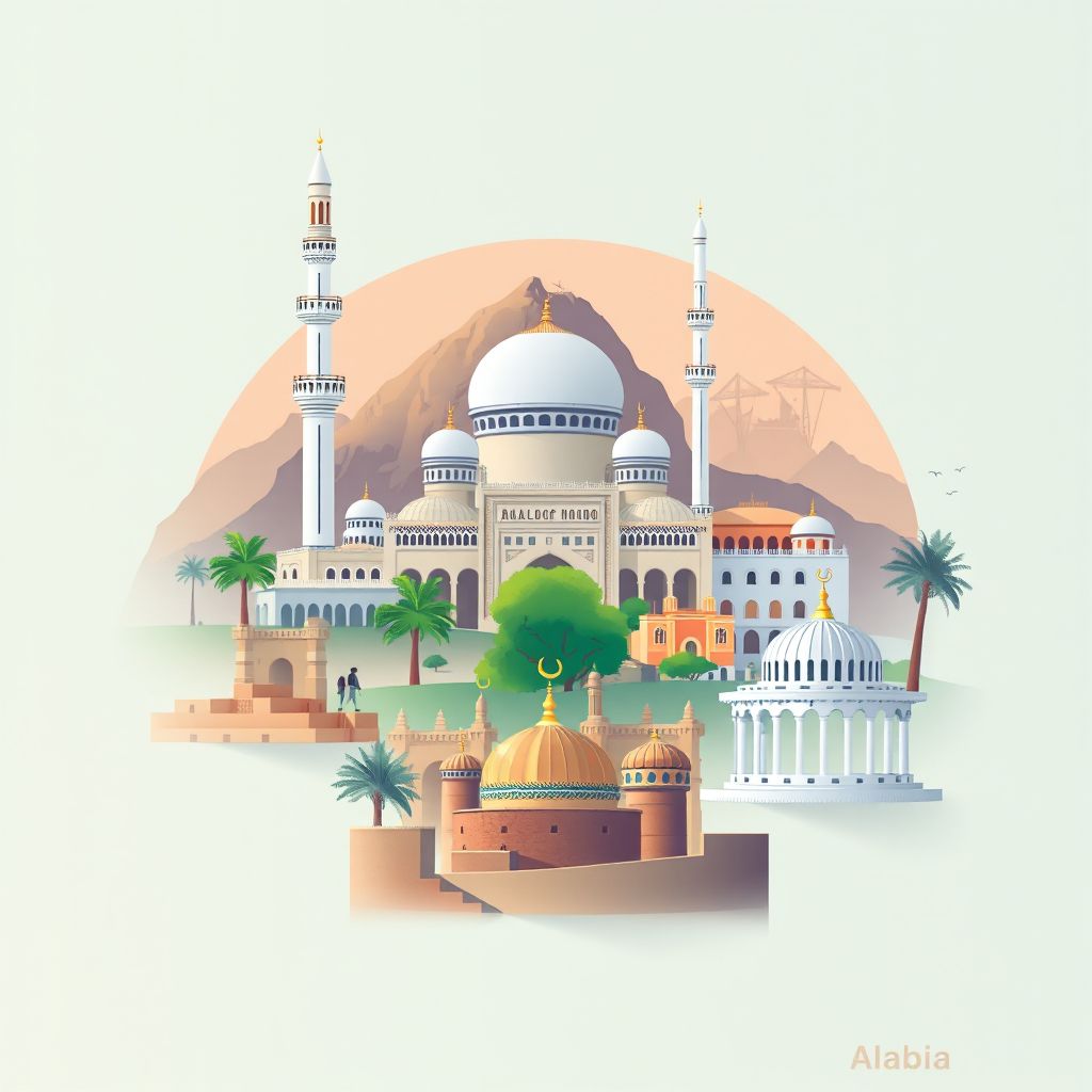 Ultra-high-definition gradient illustration style Maoklane illustration, showing the unique charm of the Great Mosque of Setif and the Roman ruins of Djémila.