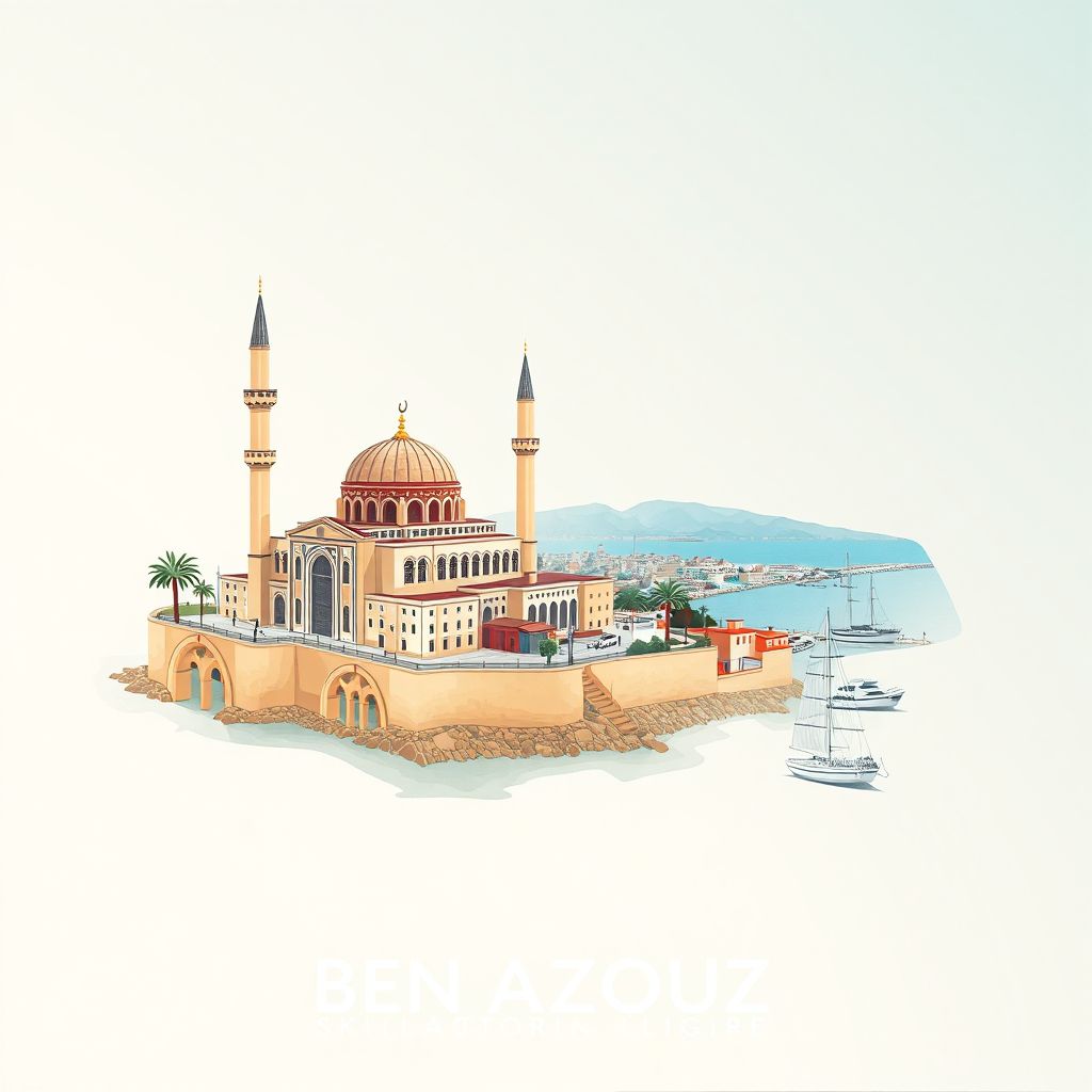 Ultra-high-definition gradient illustration style Ben Azzouz illustration, showing the unique charm of the Ben Azzouz Mosque and coastal views.