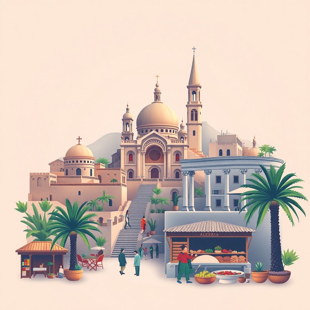 Ultra-high-definition gradient illustration style Souk Ahras illustration, showing the unique charm of the Basilica of Saint Augustine and Roman ruins.