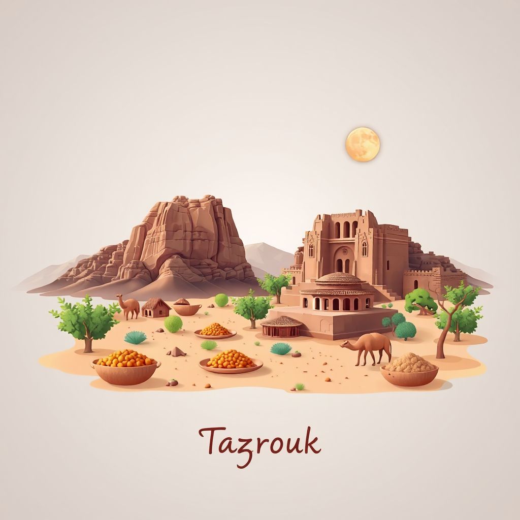 Ultra-high-definition gradient illustration style Tazrouk illustration, showing the unique charm of the Tassili n'Ajjer National Park and Rock Art of the Tassili n'Ajjer.