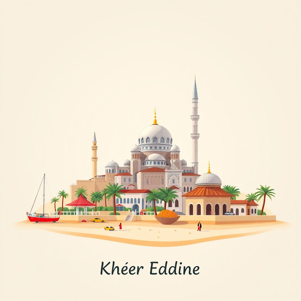 Ultra-high-definition gradient illustration style Kheir Eddine illustration, showing the unique charm of the Mostaganem Beach, the Sidi Lakhdar Mosque, and couscous.