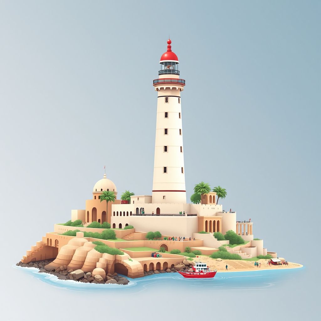 Ultra-high-definition gradient illustration style Settara illustration, showing the unique charm of the Jijel Lighthouse, the beautiful beaches of Jijel.