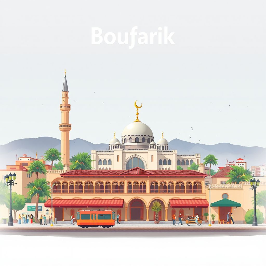 Ultra-high-definition gradient illustration style Boufarik illustration, showing the unique charm of the Boufarik Mosque, the Boufarik Railway Station, and the local market.