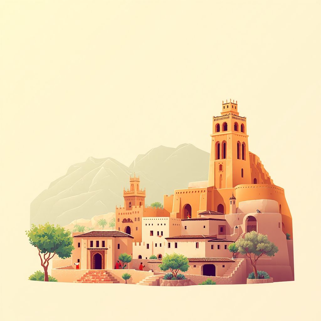 Ultra-high-definition gradient illustration style Iferhounene illustration, showing the unique charm of the Djurdjura National Park and traditional Berber architecture.