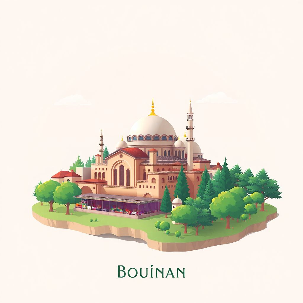 Ultra-high-definition gradient illustration style Bouinan illustration, showing the unique charm of the Bouinan Mosque, the Bouinan Market, and the Bouinan Forest.