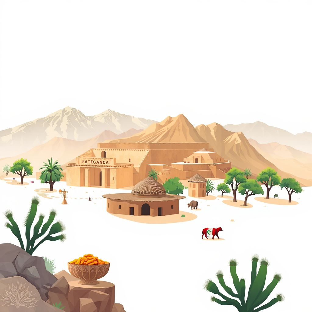 Ultra-high-definition gradient illustration style N'gaous illustration, showing the unique charm of the ancient ruins of Timgad and the Aurès Mountains.