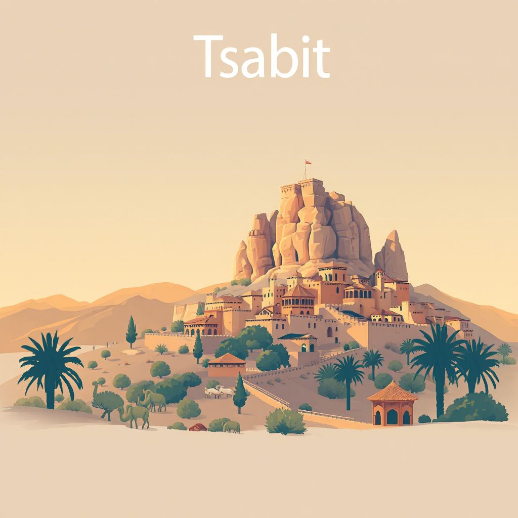 Ultra-high-definition gradient illustration style Tsabit illustration, showing the unique charm of the Adrar Rock Formations, the ancient ksour.