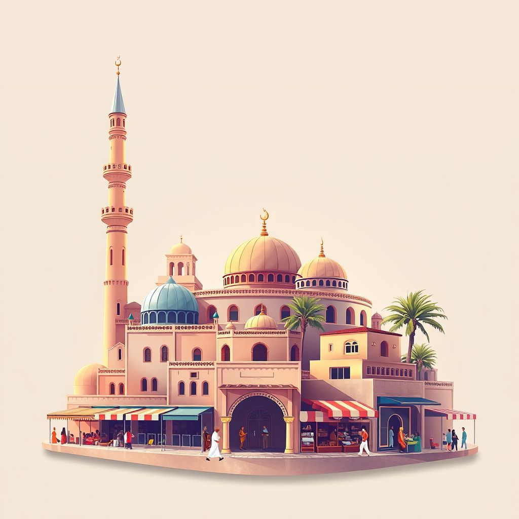 Ultra-high-definition gradient illustration style Had Sahary illustration, showing the unique charm of the Djelfa Mosque, the Djelfa Museum, and the local traditional market.