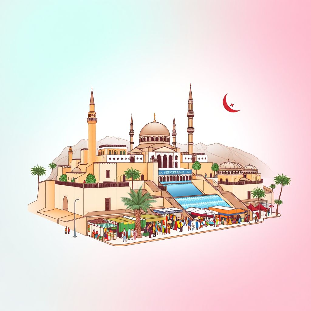 Ultra-high-definition gradient illustration style Boumedfaa illustration, showing the unique charm of the Ain Defla Dam, the Boumedfaa Mosque, and the local market.