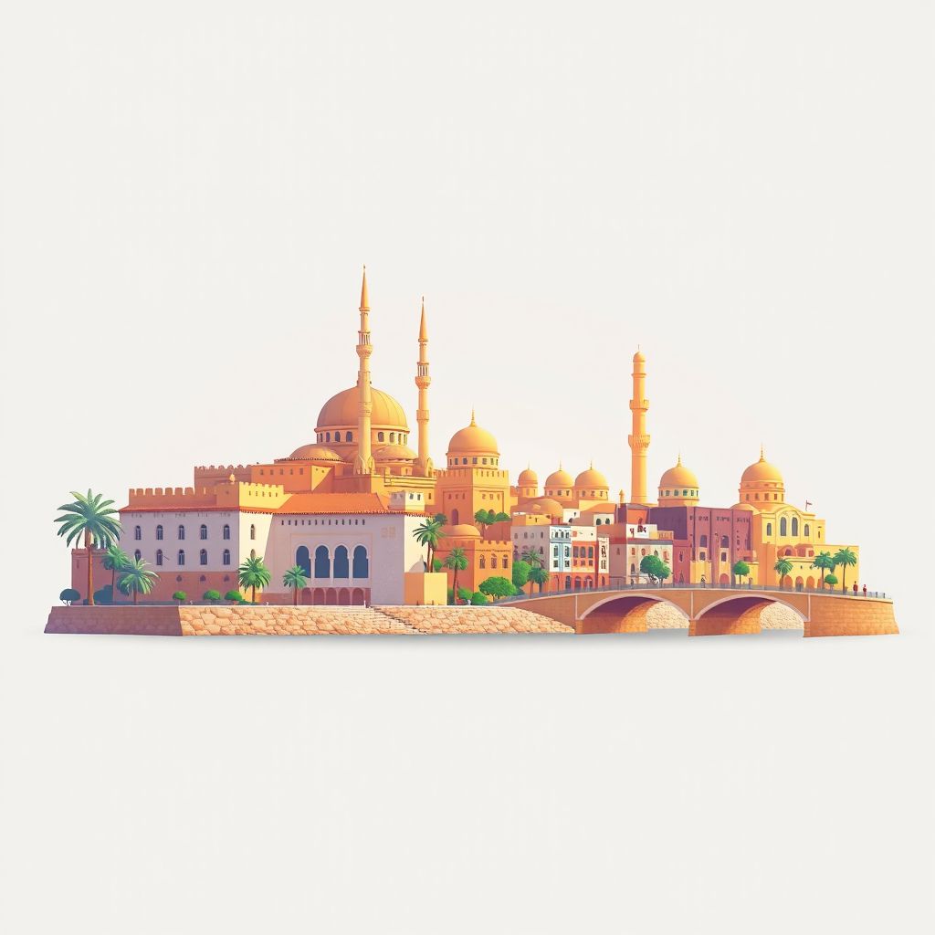 Ultra-high-definition gradient illustration style Khemis illustration, showing the unique charm of the Ain Defla Mosque, the Ain Defla Museum, and the Ain Defla Bridge.
