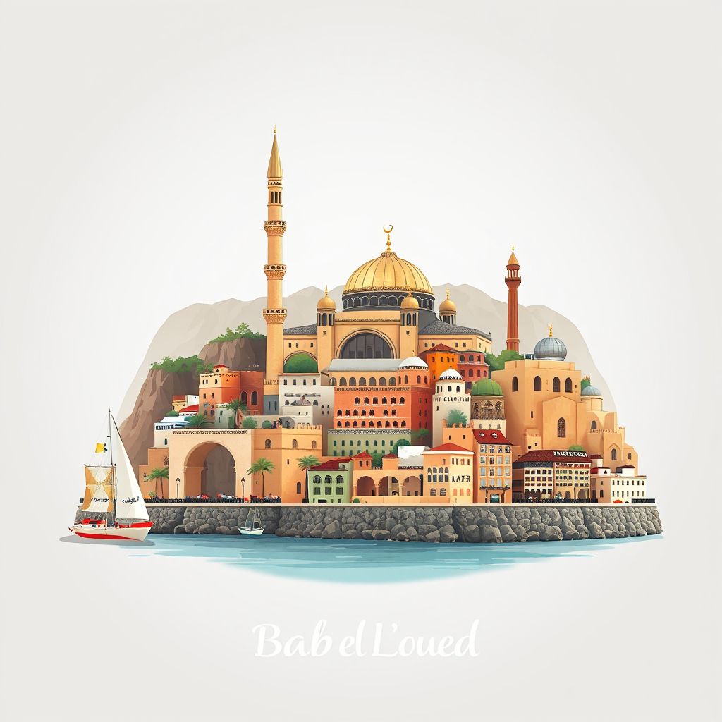 Ultra-high-definition gradient illustration style Bab El Oued illustration, showing the unique charm of the Great Mosque of Algiers, the Casbah of Algiers.