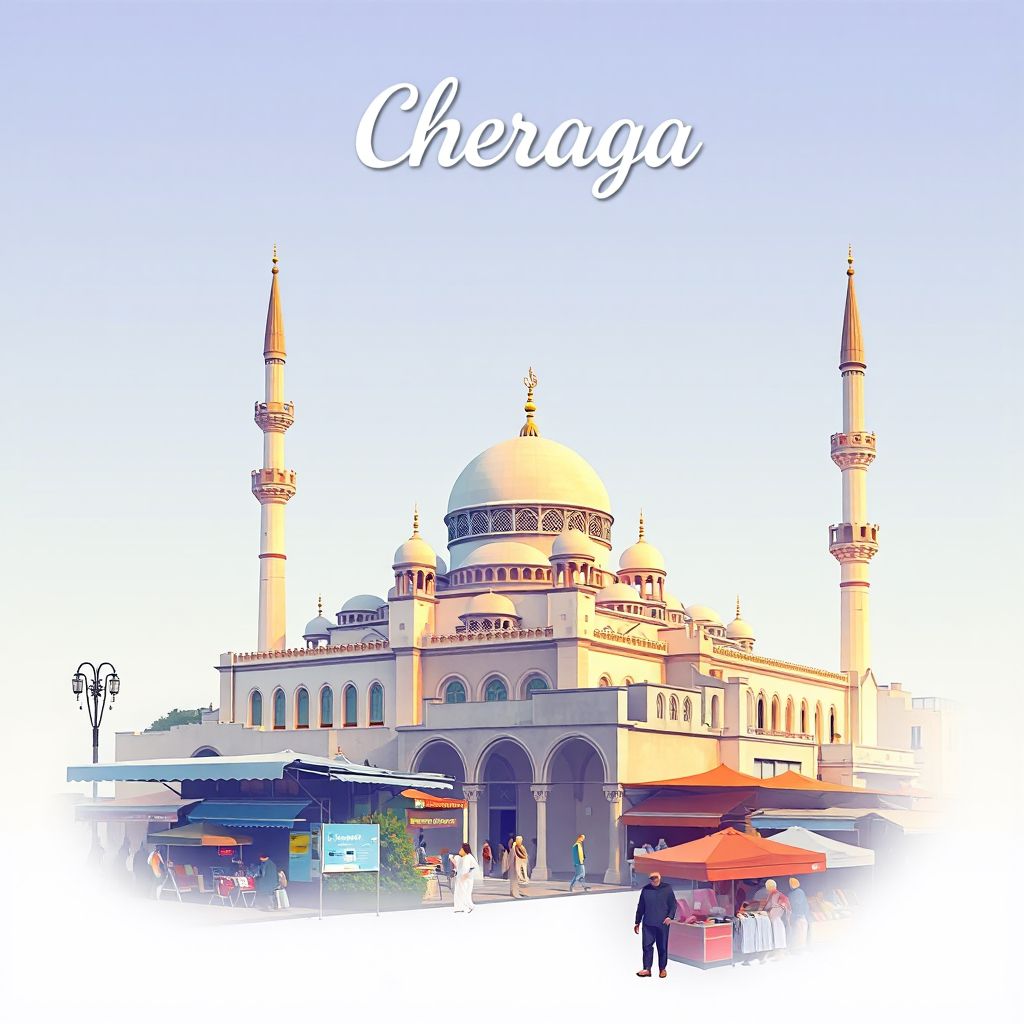 Ultra-high-definition gradient illustration style Cheraga illustration, showing the unique charm of the Cheraga Mosque and vibrant local markets.