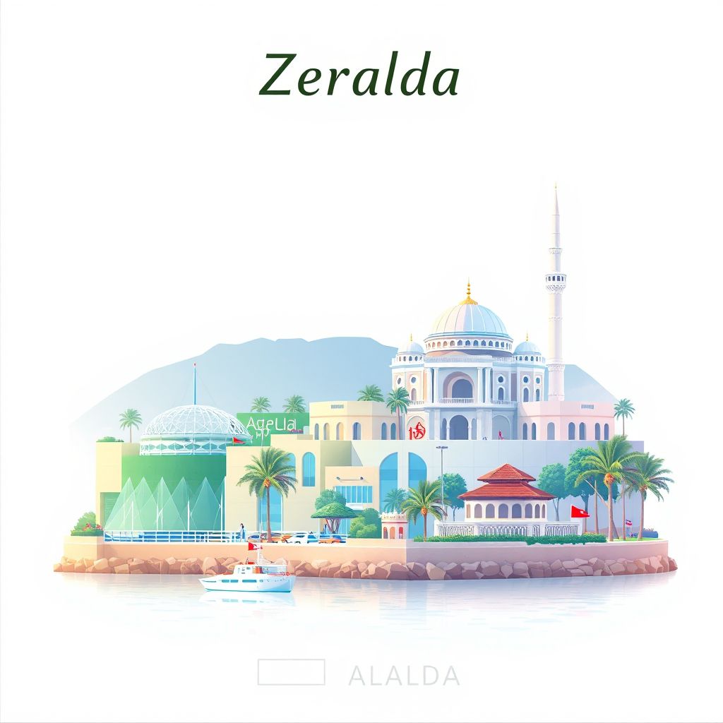 Ultra-high-definition gradient illustration style Zeralda illustration, showing the unique charm of the Zeralda Beach, the Zeralda Mosque, and the Zeralda Park.