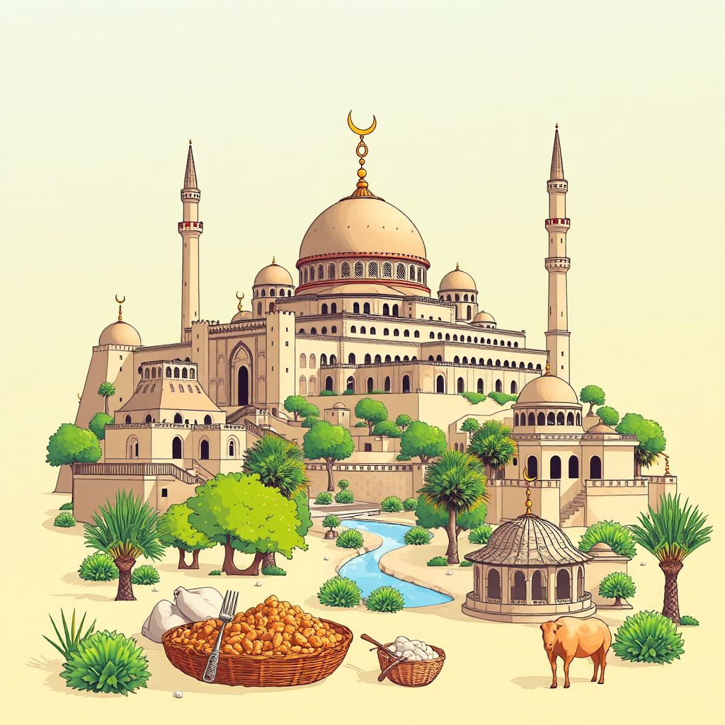 Ultra-high-definition gradient illustration style Haizer illustration, showing the unique charm of the Bouira Mosque, the Djurdjura National Park.