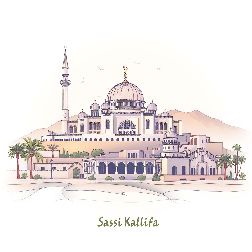 Ultra-high-definition gradient illustration style Hassi Khalifa illustration, showing the unique charm of the Great Mosque of Hassi Khalifa, the ancient ruins of El Oued.