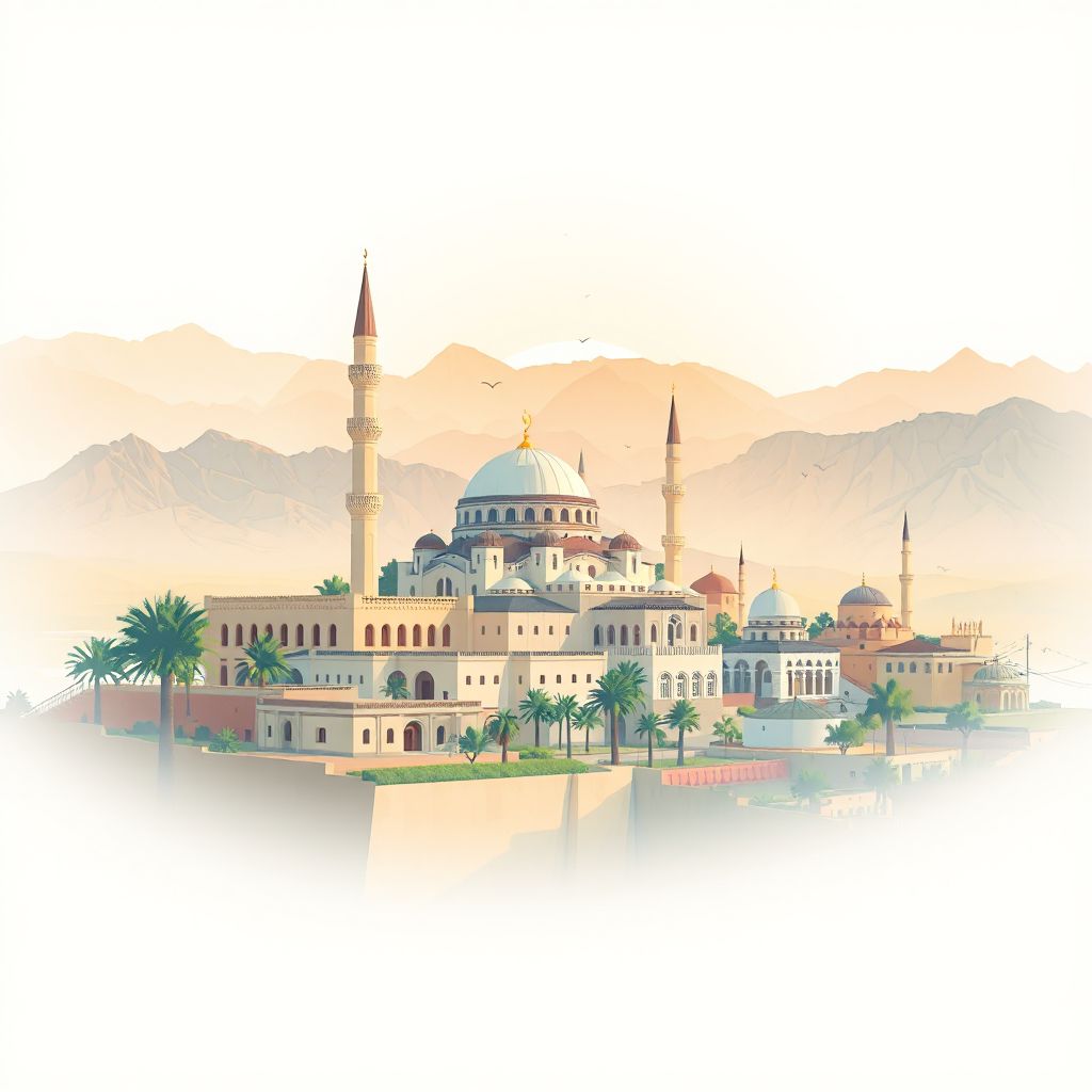 Ultra-high-definition gradient illustration style Kadiria illustration, showing the unique charm of the Bouira Mosque, the Bouira Museum, and the scenic views of the surrounding mountains.