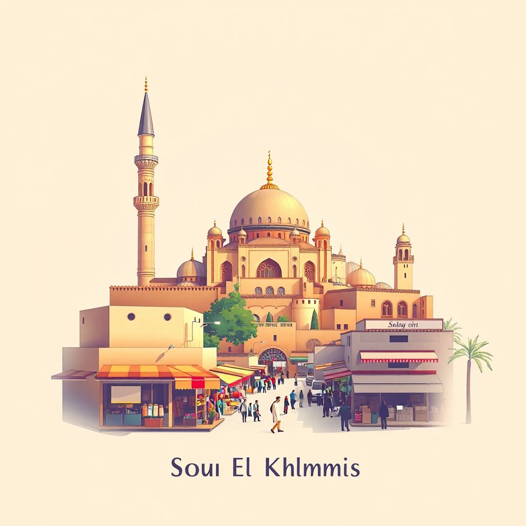 Ultra-high-definition gradient illustration style Souk El Khemis illustration, showing the unique charm of the Great Mosque of Souk El Khemis, the traditional market, and the historic Kasbah.
