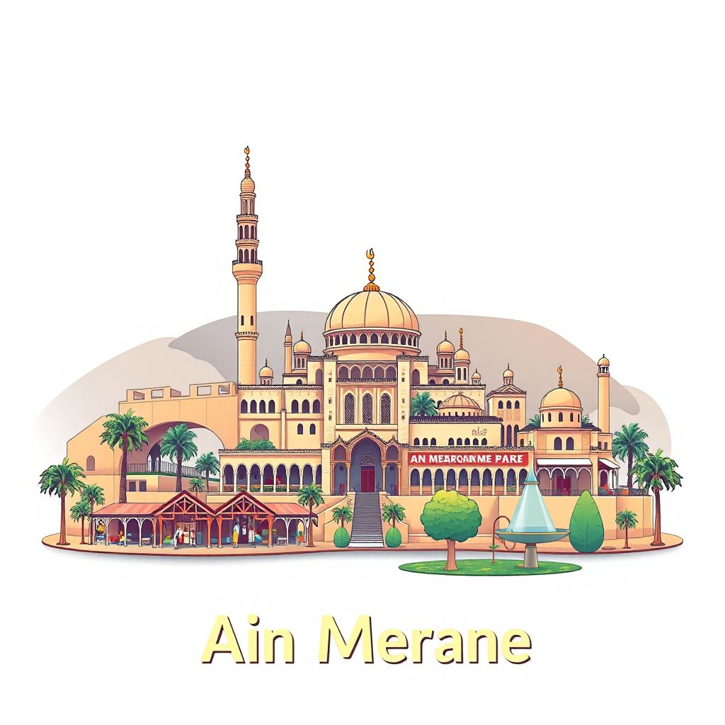 Ultra-high-definition gradient illustration style Ain Merane illustration, showing the unique charm of the Ain Merane Mosque, the Ain Merane Market, and the Ain Merane Park.