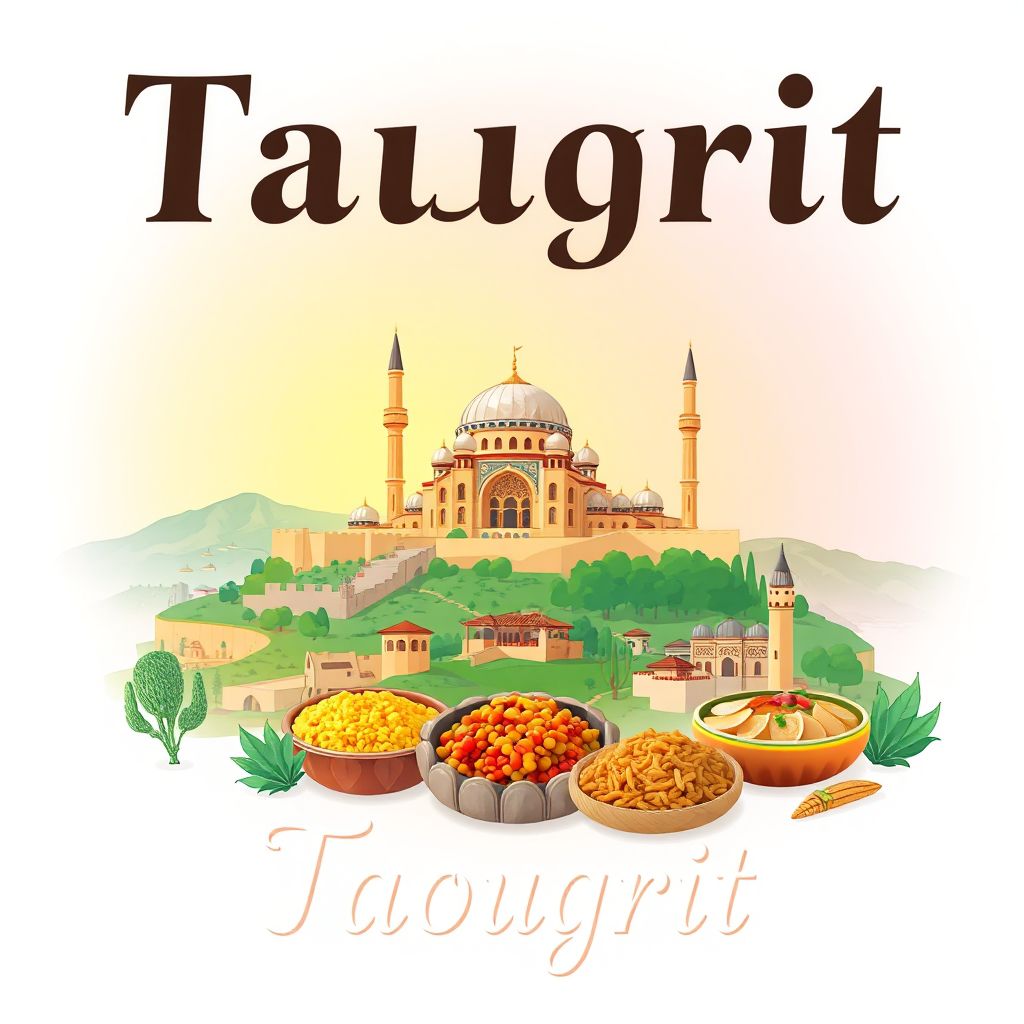 Ultra-high-definition gradient illustration of Taougrit, Chlef, Algeria, featuring the Taougrit Mosque and local landscapes.