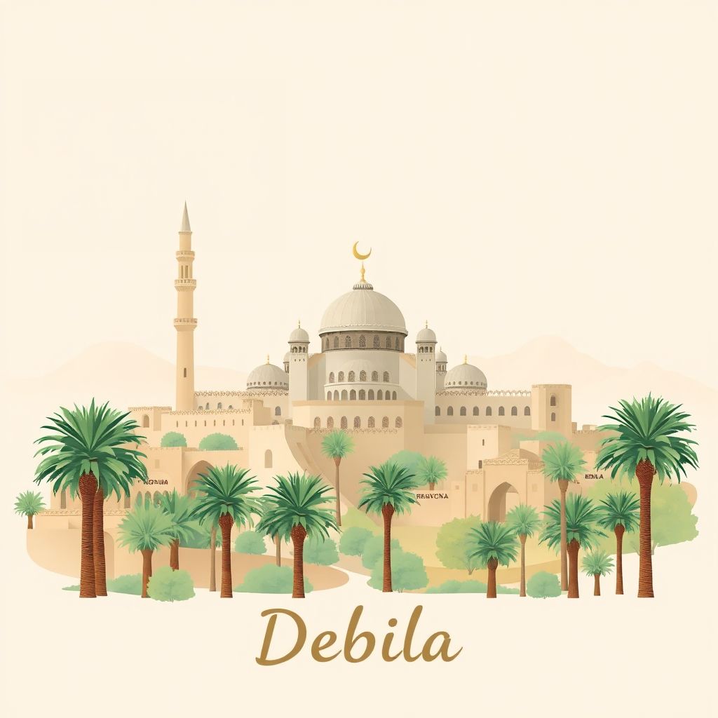 Ultra-high-definition gradient illustration style Debila illustration, showing the unique charm of the Great Mosque of El Oued, palm groves, and traditional mud-brick architecture.
