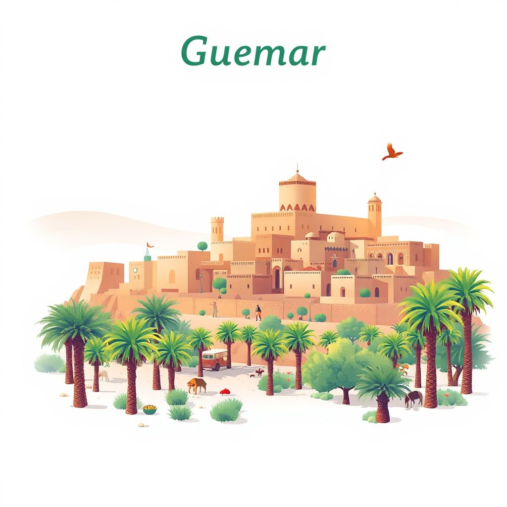 Ultra-high-definition gradient illustration style Guemar illustration, showing the unique charm of the ancient ksar of Guemar, the palm groves.