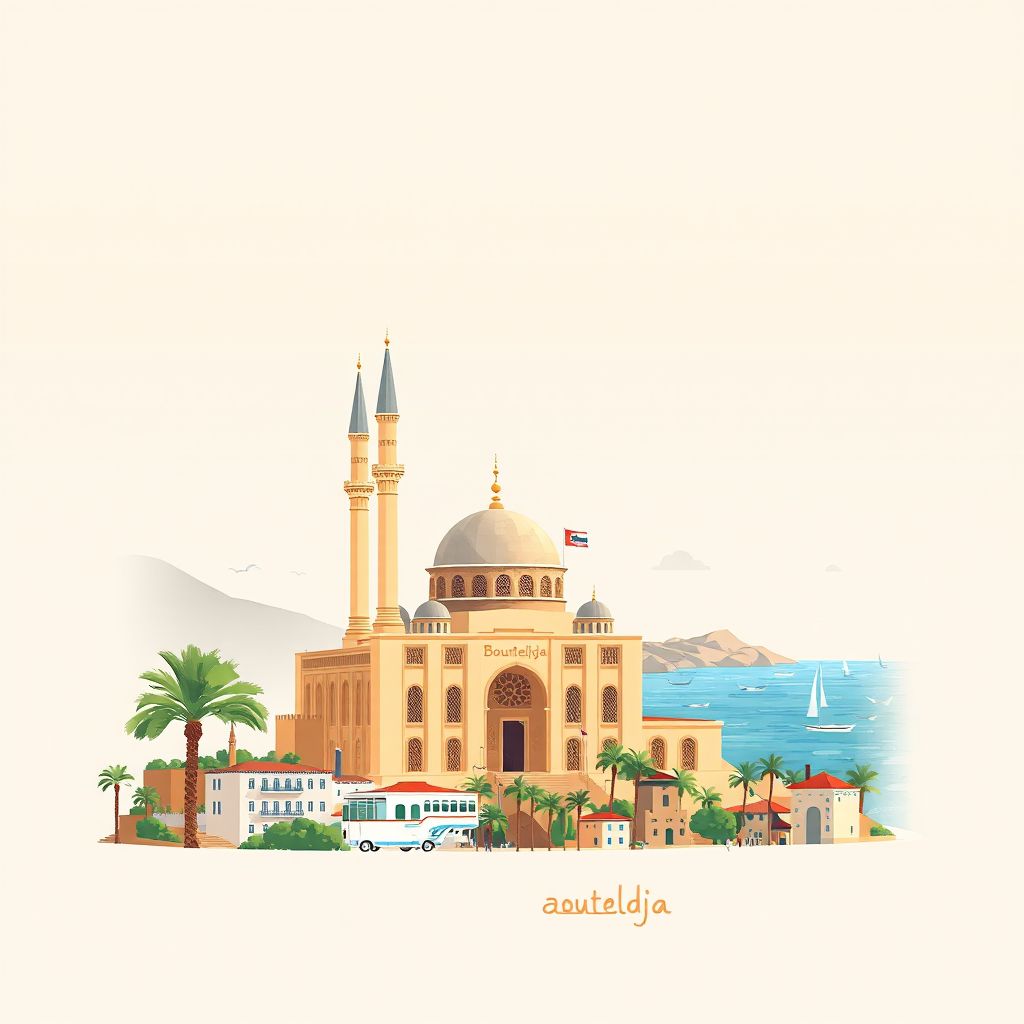 Ultra-high-definition gradient illustration style Bouteldja illustration, showing the unique charm of the Bouteldja Mosque and the Mediterranean Sea.