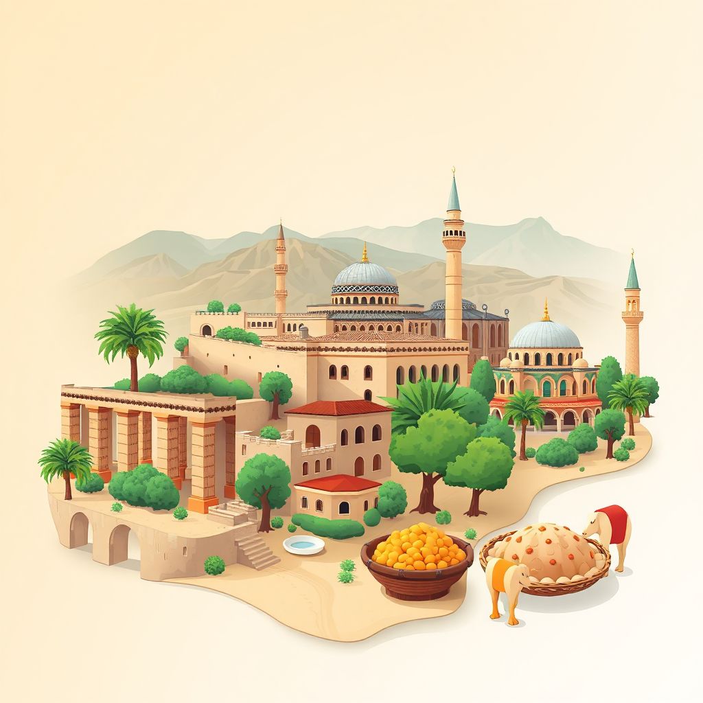 Ultra-high-definition gradient illustration style Bouchegouf illustration, showing the unique charm of the Roman Ruins of Guelma, the Bouchegouf Mosque, and traditional Algerian couscous.