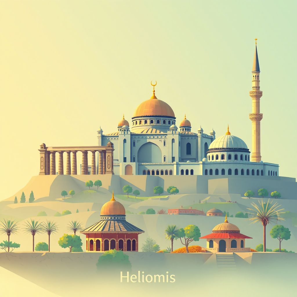 Ultra-high-definition gradient illustration style Heliopolis illustration, showing the unique charm of the Roman Ruins of Guelma, the Great Mosque of Guelma.