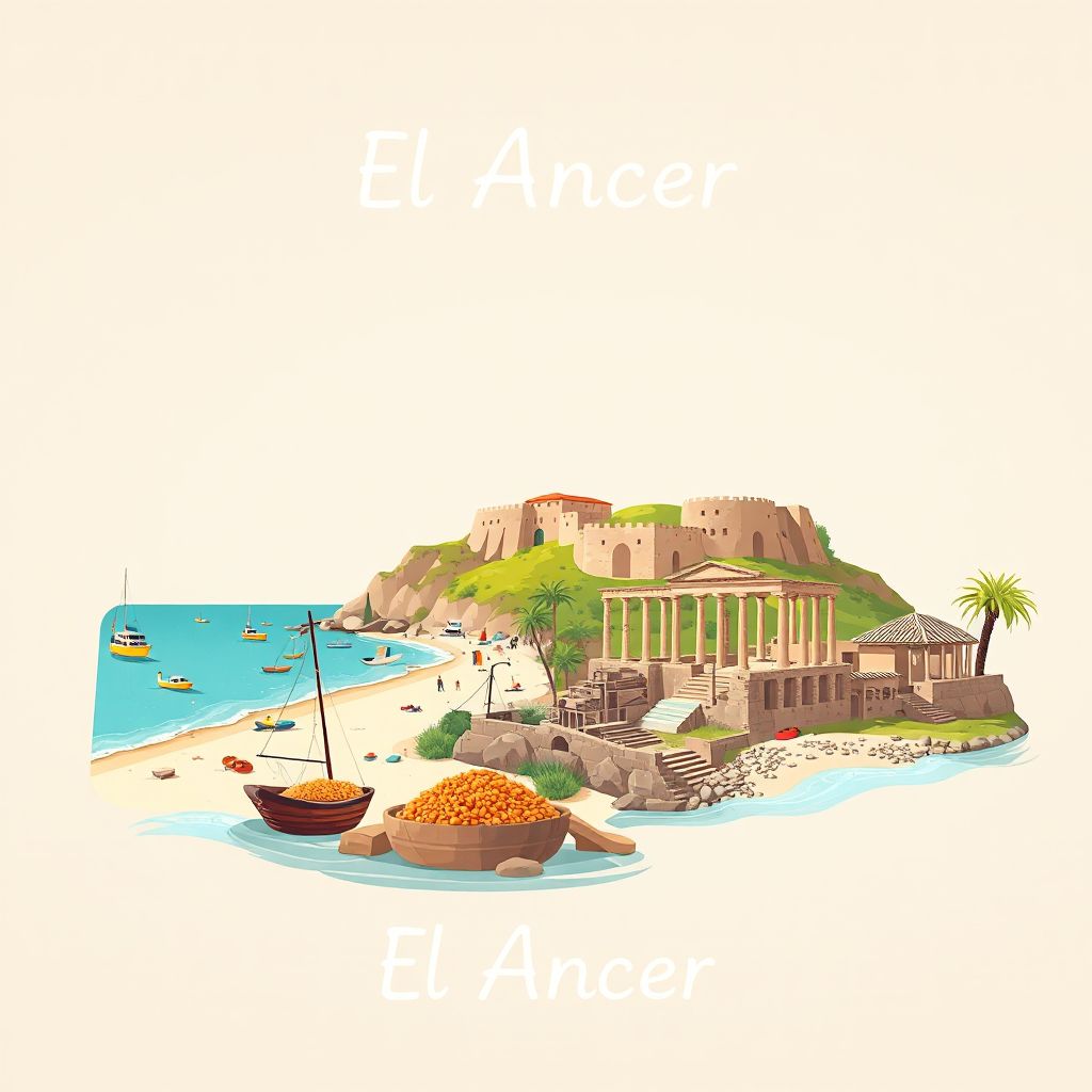 Ultra-high-definition gradient illustration style El Ancer illustration, showing the unique charm of Jijel Beach, the ruins of the Roman city of Iomnium.