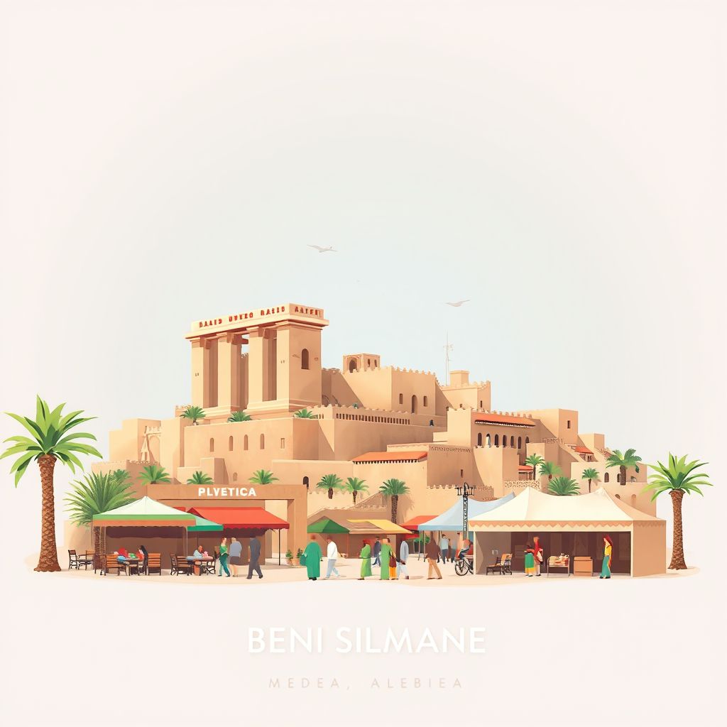 Ultra-high-definition gradient illustration style Beni Slimane illustration, showing the unique charm of the Beni Slimane Ruins and the local traditional market.