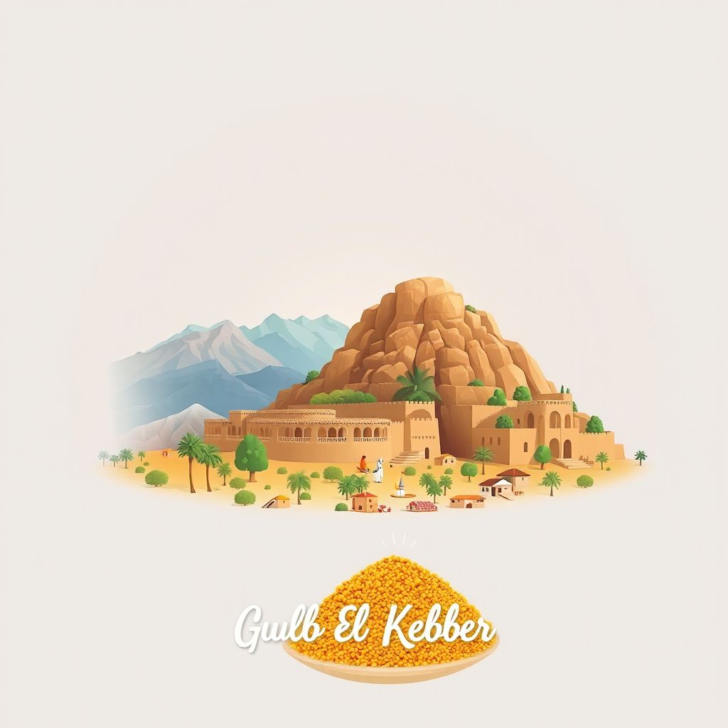 Ultra-high-definition gradient illustration style Guelb El Kebir illustration, showing the unique charm of the ancient ruins of Djebel Irhoud and the Atlas Mountains.