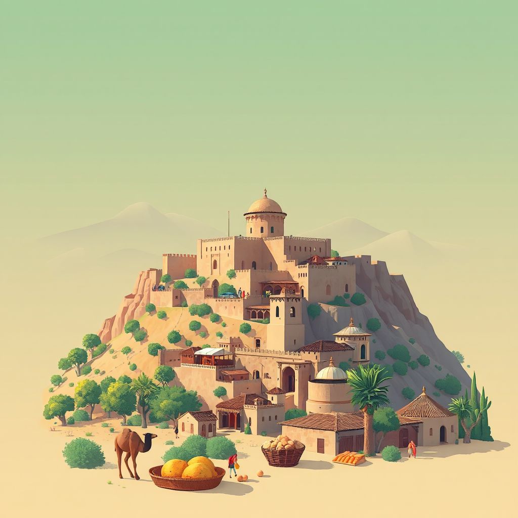 Ultra-high-definition gradient illustration style El H'madna illustration, showing the unique charm of the historic Kasbah of Relizane and the beautiful landscapes of the surrounding countryside.