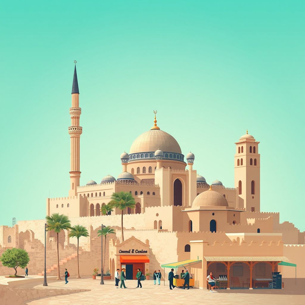 Ultra-high-definition gradient illustration style Mazouna illustration, showing the unique charm of the Mazouna Mosque, the historic ruins of Tiddis, and the local market.