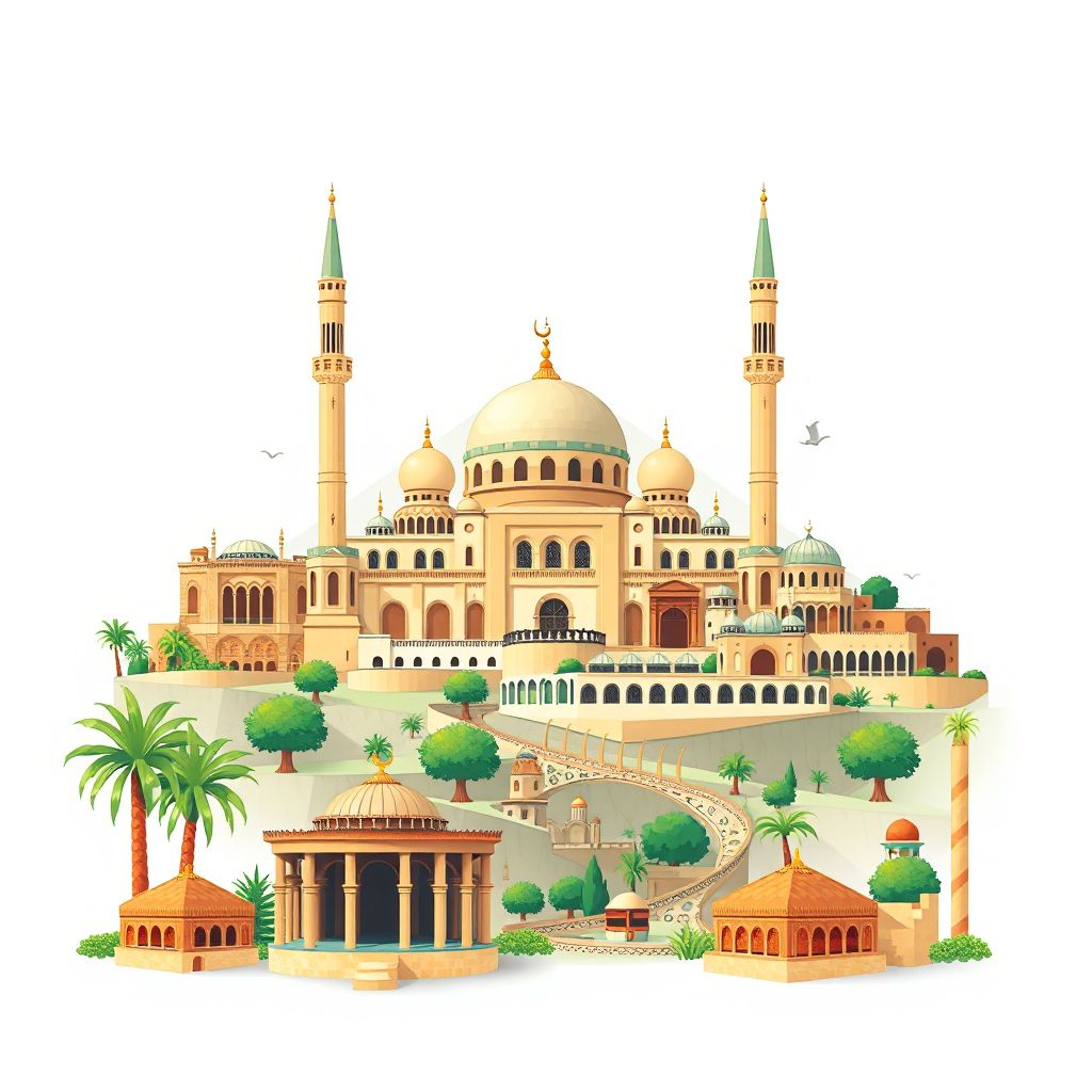 Ultra-high-definition gradient illustration style Guenzet illustration, showing the unique charm of the Great Mosque of Setif, the Roman ruins of Djémila, and couscous.