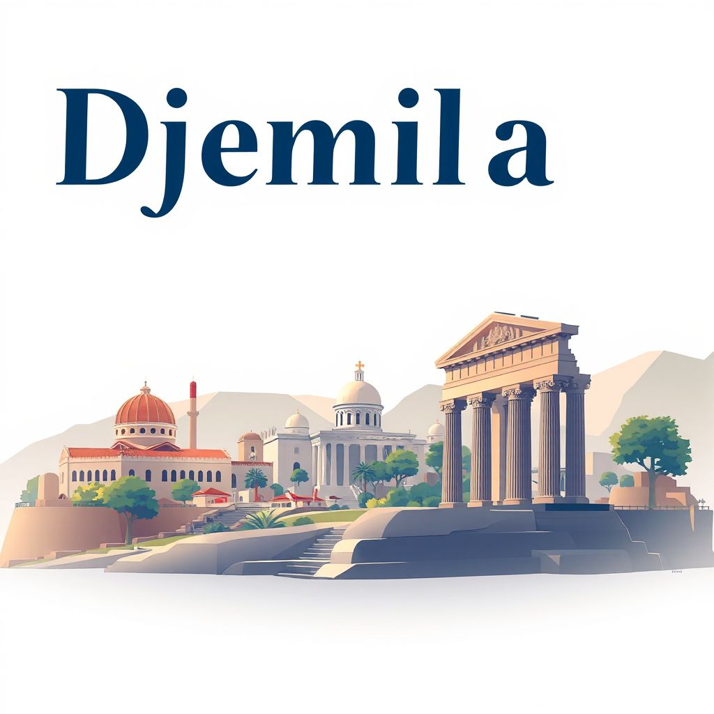 Ultra-high-definition gradient illustration style Djemila illustration, showing the unique charm of the Roman Ruins of Cuicul, the Basilica of Saint Crispina, and the Arch of Caracalla.