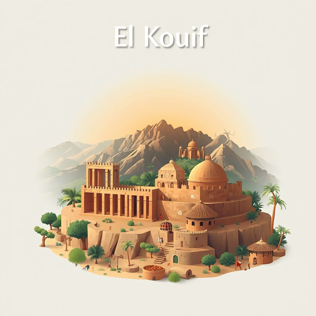Ultra-high-definition gradient illustration style El Kouif illustration, showing the unique charm of the ancient ruins of Tiddis, the Aurès Mountains, and traditional Algerian couscous.