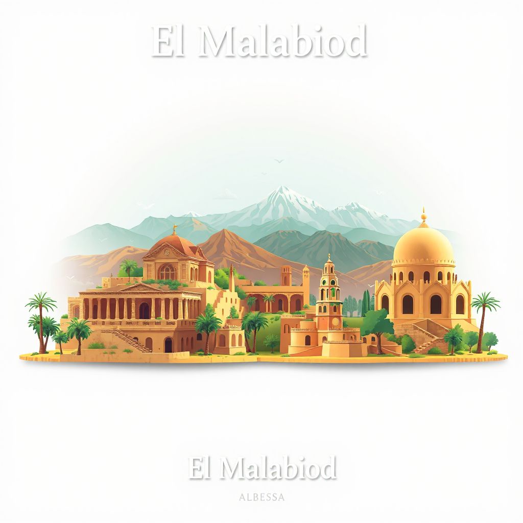 Ultra-high-definition gradient illustration style El Malabiod illustration, showing the unique charm of the ancient ruins of Tiddis and the Aurès Mountains.