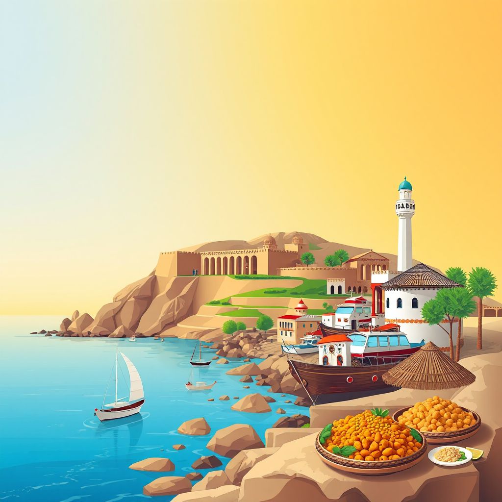 Ultra-high-definition gradient illustration style Damous illustration, showing the unique charm of the Ruins of Tipaza, the Mediterranean coastline.