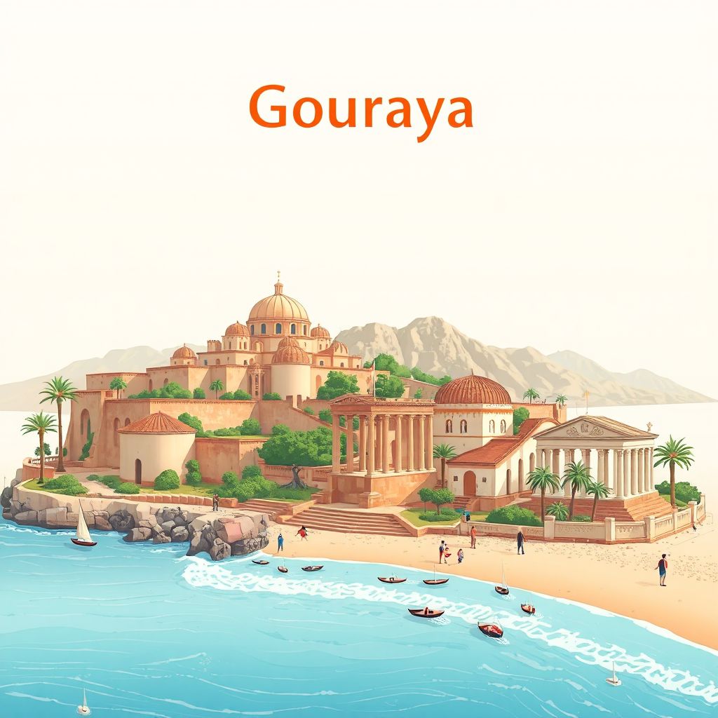 Ultra-high-definition gradient illustration style Gouraya illustration, showing the unique charm of the Gouraya National Park, the Roman ruins of Tipaza.