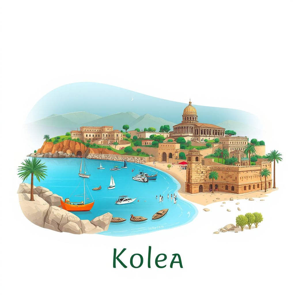 Ultra-high-definition gradient illustration style Kolea illustration, showing the unique charm of the Tipaza Archaeological Site, the Tipaza Beach, and the ruins of the Roman city of Tipaza.