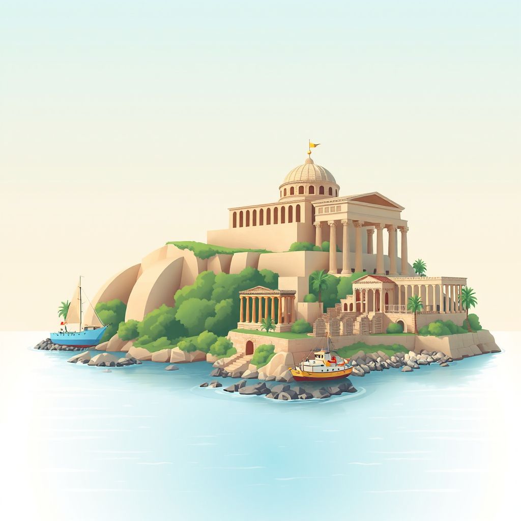 Ultra-high-definition gradient illustration style Tipaza illustration, showing the unique charm of the Royal Mausoleum of Mauretania, the Roman ruins, and the Mediterranean coastline.