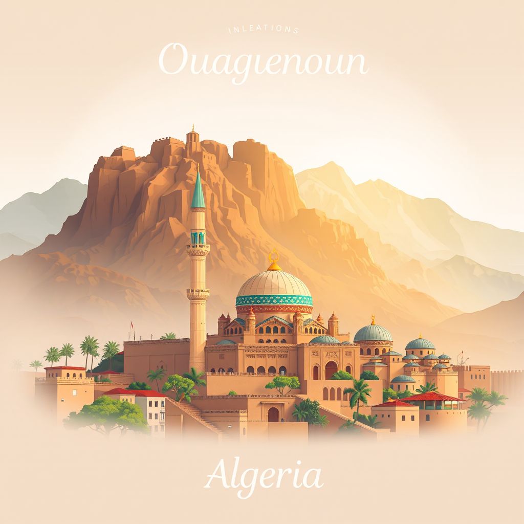 Ultra-high-definition gradient illustration style Ouaguenoun illustration, showing the unique charm of the Tassaft Ouguemounen and the Great Mosque of Tizi Ouzou.
