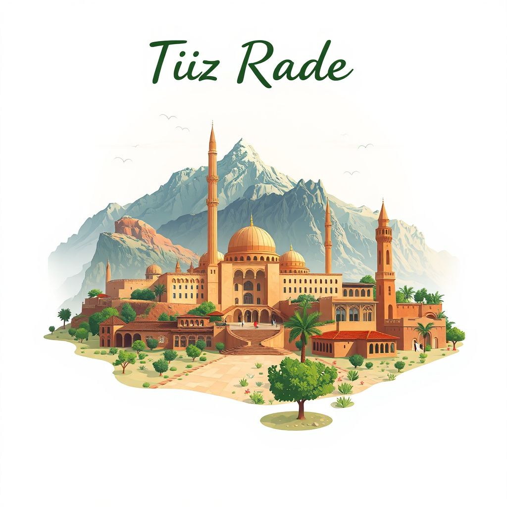 Ultra-high-definition gradient illustration style Tizi Rached illustration, showing the unique charm of the Great Mosque of Tizi Ouzou and the Djurdjura National Park.